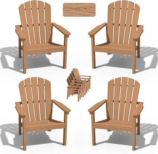 nevilywood Compact Stackable Adirondack Chairs Set of 4, 26.3" Wide HDPE Outdoor Patio Chairs - Durable, Space-Saving Design for Porch, Lawn or Garden, Teak