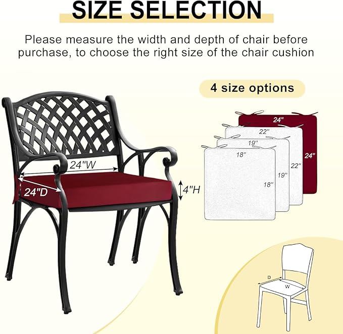 downluxe Waterproof Outdoor Chair Cushions for Patio Furniture, 24" x 24" x 4" Patio Chair Cushion with Adjustable Ties & Portable Handle, Square Outdoor Cushion with Removable Cover, Burgundy, 2 Pack