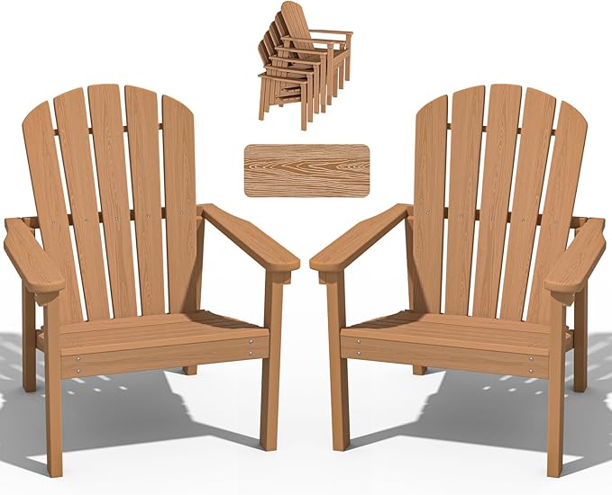nevilywood Compact Stackable Adirondack Chairs Set of 2, 26.3" Wide HDPE Outdoor Patio Chairs - Durable, Space-Saving Design for Porch, Lawn or Garden, Teak