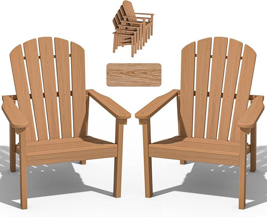 nevilywood Compact Stackable Adirondack Chairs Set of 2, 26.3" Wide HDPE Outdoor Patio Chairs - Durable, Space-Saving Design for Porch, Lawn or Garden, Teak