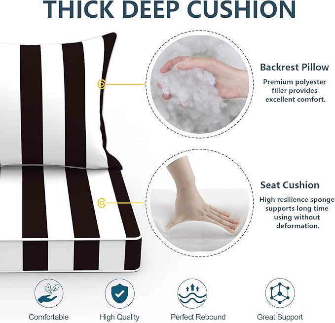 Outdoor Deep Seat Cushion Set, Water Repellent 24"x24" Patio Thick Cushions Replacement with Seat & Back Pillow for Patio Sofa, Wicker Chair, Couch - Cabana Black