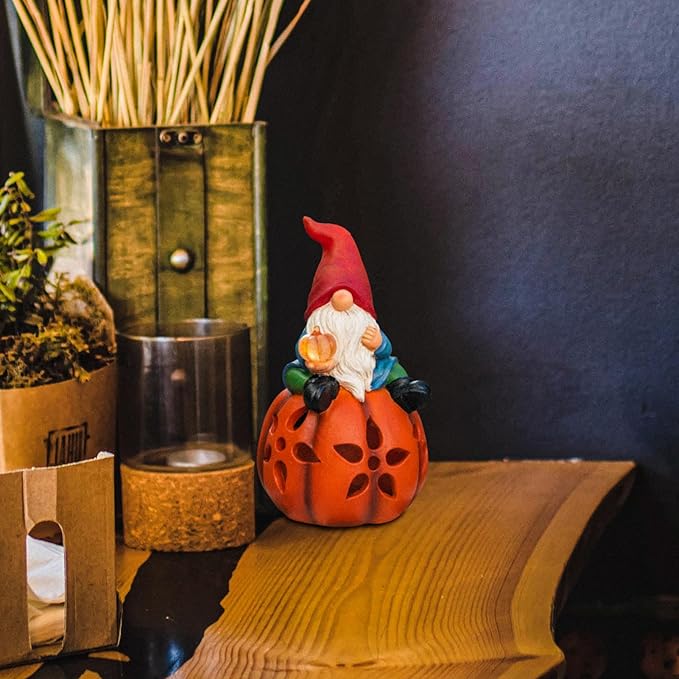 Solar Pumpkin Gnome Garden Statues Halloween Thanksgiving Outdoor Gnome with LED Lights Decorations for Yard Patio Lawn Porch Birthday Christmas Gardening Gifts for Mom Women