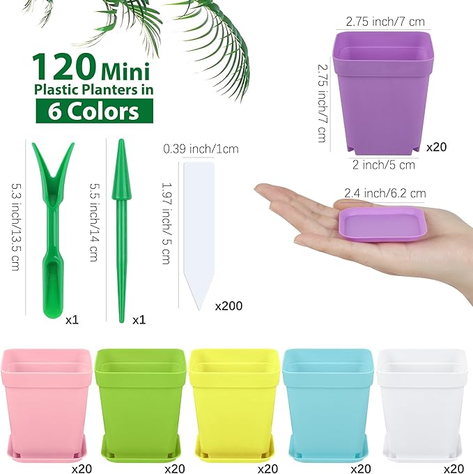 120 Pack Mini Plastic Planters 3 Inch Flower Seedling Nursery Pots with Pallet Colorful Square Flower Plant Pots Seed Starting Pots with Labels and Tools for Home Garden Flowers Plants,6 Colors