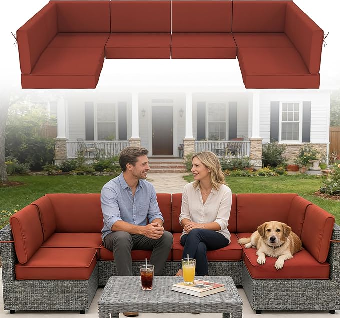 14 Pcs Outdoor Replacement Cushions for Patio Furniture, All Weather Water Resistant Cushion for 6 Seat Rattan Wicker Sectional Patio Conversation Sets and Couch (Brick Red)