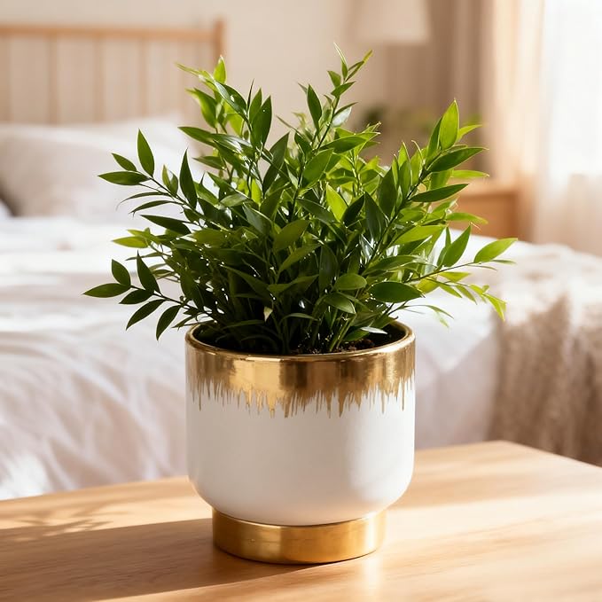 White Ceramic Planters, Gold Flower Pots for Indoor Plants with Drainage Holes, Modern Round Planter with Drainage Holes - Plant Not Included 4.33 X4.33 Inch