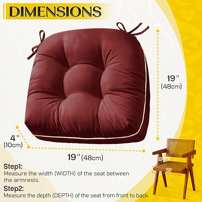 Outdoor Chair Cushions Set of 2, Outdoor Cushions for Patio Furniture and Wicker Chair, Memory Foam Patio Seat Cushion Pads with Ties, 19 x 19 Inch (Burgundy)