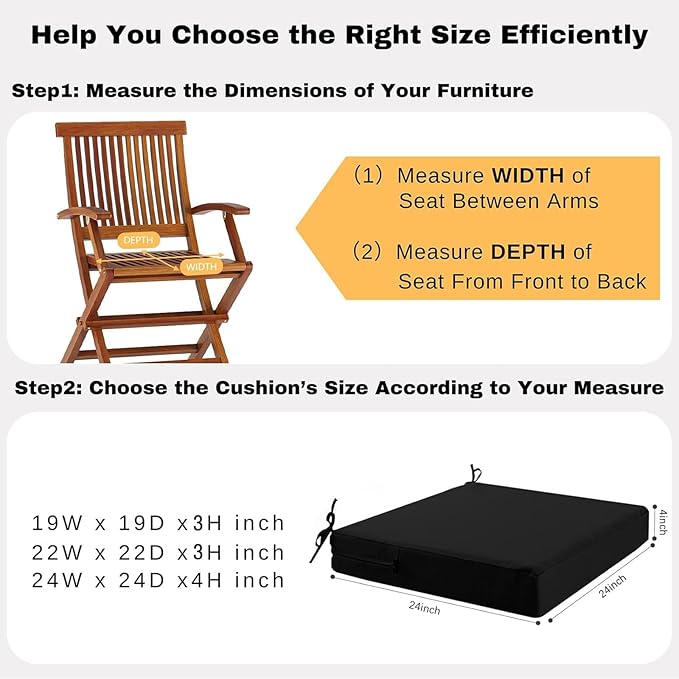 idee-home Outdoor Chair Cushions Set of 2, Waterproof Outdoor Seat Cushions for Patio Furniture, Outside Replacement Chair Pad with Ties for Lawn Deck Porch, 24 x 24 Black