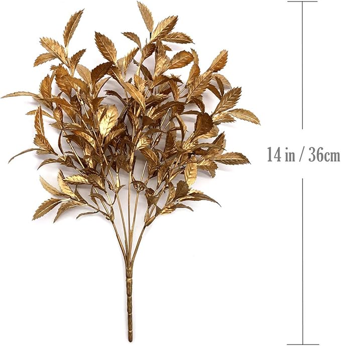 CATTREE Artificial Golden Plants for Christmas Decor, Fake Plastic Floral Faux Flowers Shrubs Simulation Bushes Indoor Outdoor Wedding Party Hall Office Table DIY Decoration - Gold Leaves 4 Pack