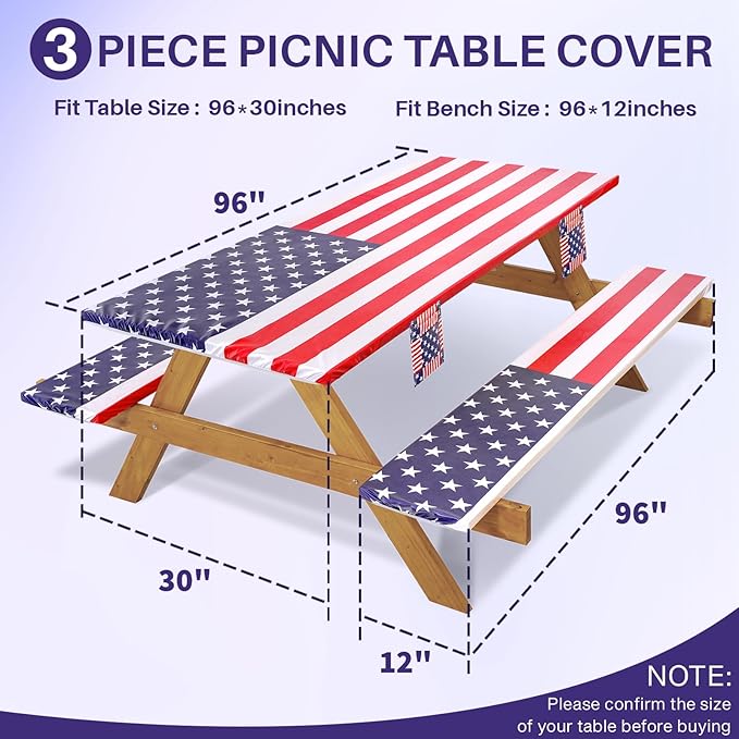 Picnic Table Cover with Bench Covers Fitted Elastic Non Slip Heat Resistant Camping Tablecloths for 8 Feet Rectangular Tables Travel Trailers Gadgets Summer Garden Supplies Gifts for Friends