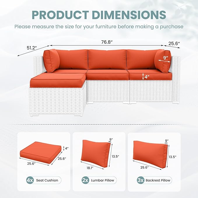UDPATIO Outdoor Cushions for Patio Furniture Upgraded, Waterproof Patio Furniture Cushions Replacement, 4" Deep Seat Outdoor Sectional Cushions for 4-seat Patio Furniture Chair Sofa Couch, Orange