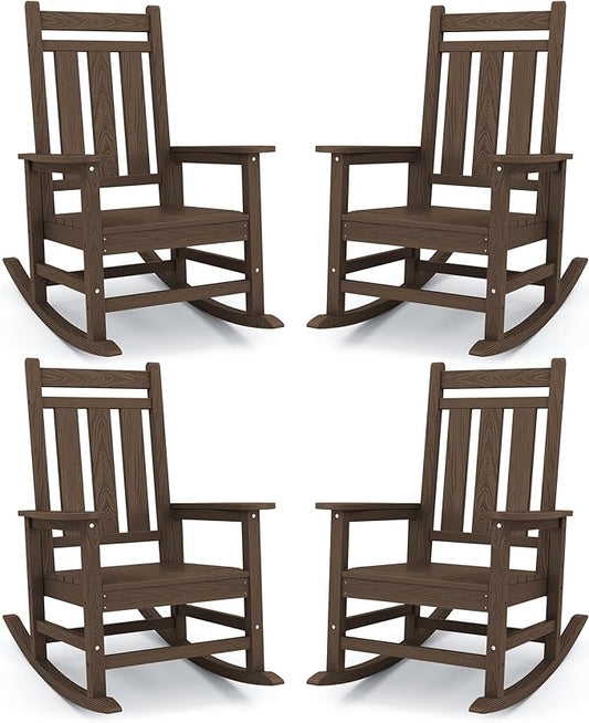KINGYES Oversized Outdoor Rocking Chair Set of 4, All-Weather Patio Rocking Chairs for Porch, HDPE Outdoor Patio Rockers with High Back & Wide Seat for Garden, Lawn, Brown