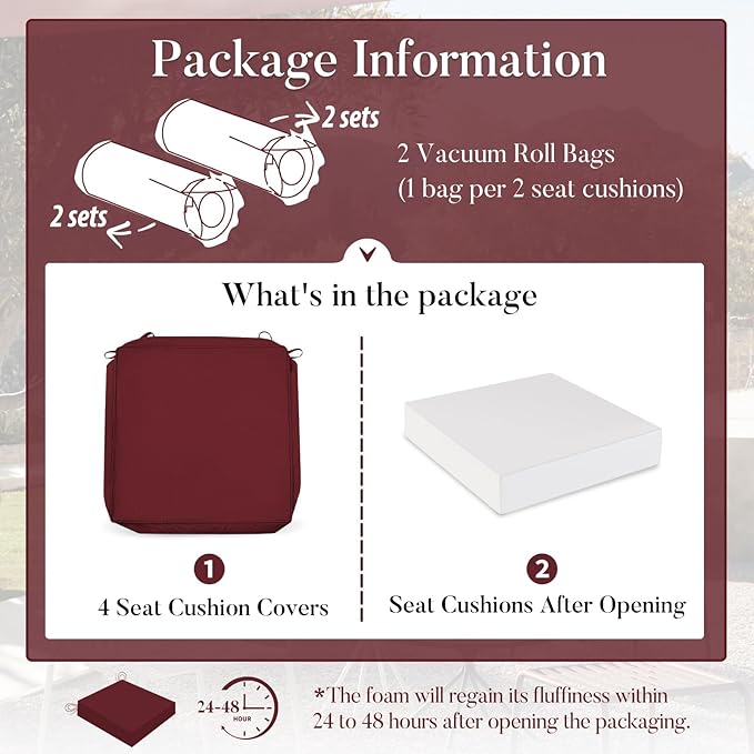 Basic Beyond Outdoor Chair Cushions for Patio Furniture, Waterproof Outdoor Seat Cushions Set of 4 19 x 19, Patio Chair Cushions Set of 4 with Ties and Handle, Burgundy
