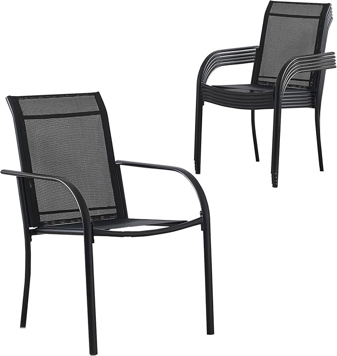 Outdoor Patio Dining Chairs Set of 6, Lightweight Stackable Patio Chairs with Curved Armrests & Wide Seat, Heavy Duty 300 lbs Capacity, Garden Chairs for Backyard, Deck, Poolside, Black