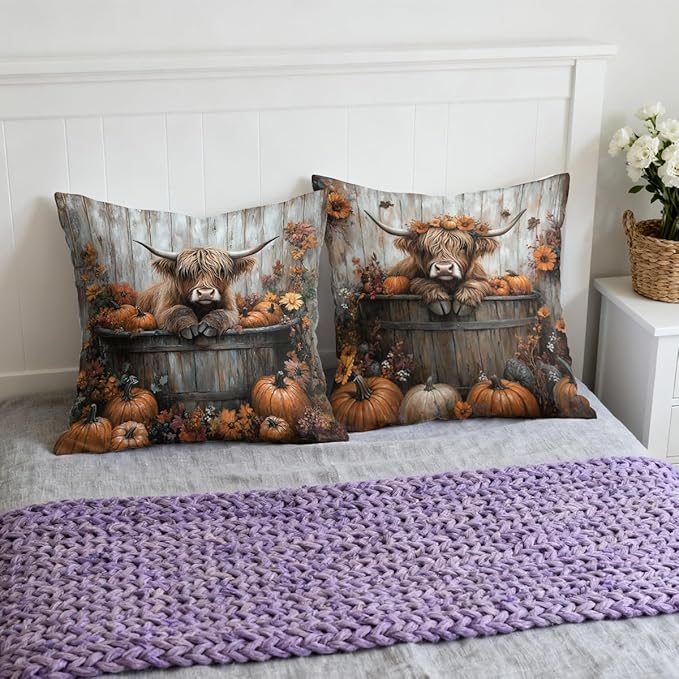 Highland Cow Pillow Covers 18x18 inch Set of 4, Rustic Pumpkin Autumn Farmhouse Throw Pillow Covers Farmhouse Cushion Case Decor for Sofa Couch