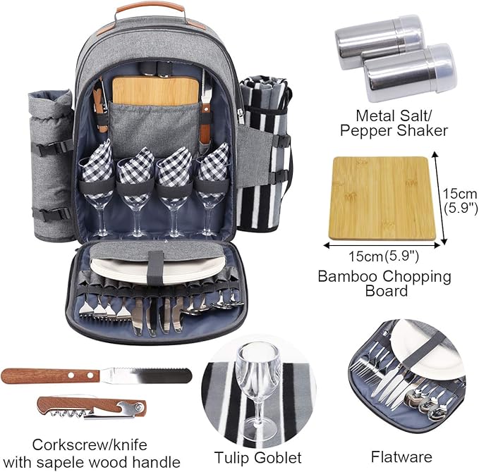 Sunflora Picnic Backpack for 4 Person with Blanket Picnic Basket Set for 2 with Insulated Cooler Wine Pouch for Family Couples (Gray)