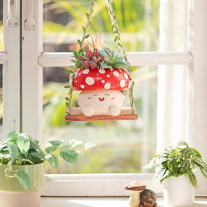 Mushroom Decor for Outdoor Garden: Gardening Plant Gifts for Women Mother Plant Lovers - 3.9inch Opening Cute Smiley Hanging Planter Pot with Drainage