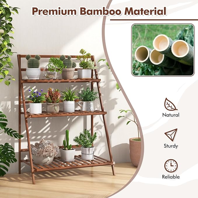 Plant Stand, 3 Tier Bamboo Ladder Plant Stand with Foldable Design, Anti-falling Crossbar, Freestanding Plant Shelf for Indoor Outdoor, Living Room Balcony Patio Garden