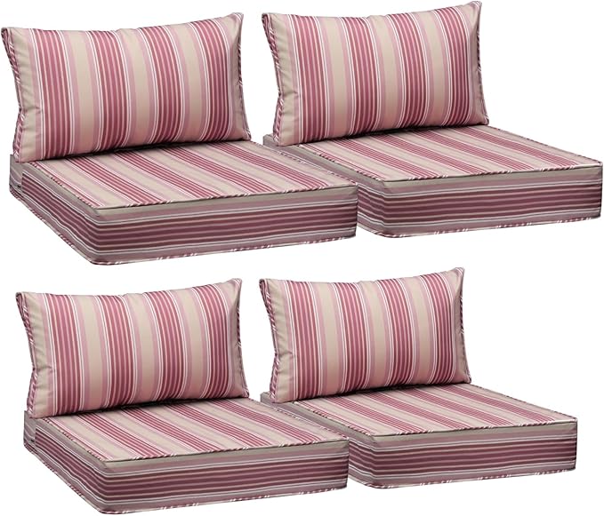AAAAAcessories Outdoor Seat Cushions for Chairs, Fade-Resistant, Waterproof Patio Furniture Replacement Cushions, 24" x 24" x 5" + 24" x 13.5", Set of 4, Dusty Rose Garden Stripe