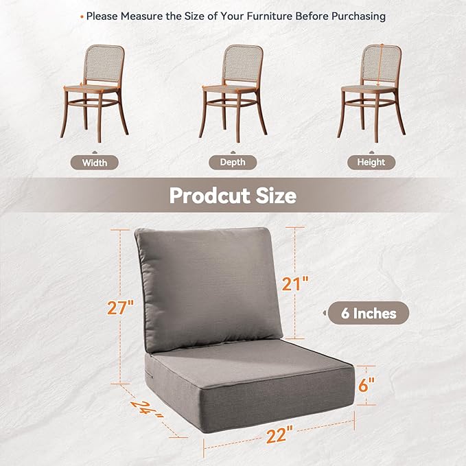 6" Thick Outdoor Cushions 22x24x6, 9-Set Deep Seat Patio Cushions with Removable Cover, Waterproof & Fade Resistant Replacement for Wicker Chair, Loveseat, Sofa - Grey