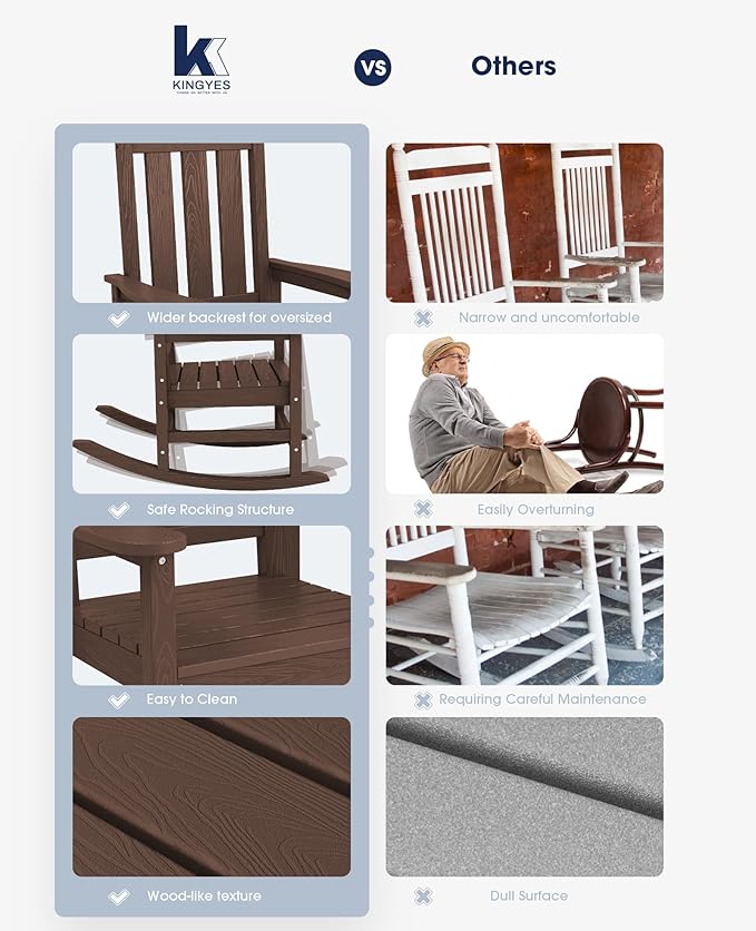 KINGYES Outdoor Rocking Chair Set of 2, All-Weather Patio Rocking Chairs for Porch, HDPE Rocking Outdoor Chairs with High Back for Adult, Heavy Duty Outdoor Patio Rockers for Garden, Lawn, Coffee