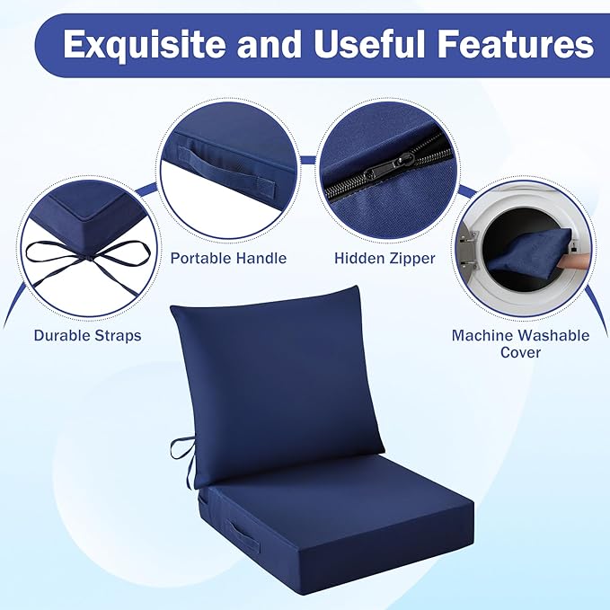Outdoor Seat Cushion Set, Waterproof & Fade Resistant Patio Chair Cushions, Outdoors Cushion for Patio Furniture, 24 x 24 x 5.75 Inch, Outdoor Couch Cushions with Handle and Ties, Navy Blue