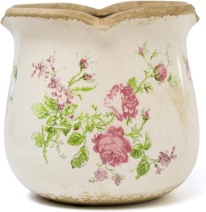 Rustic Ceramic Planter, 6 Inch Tuscan Vintage Flower Pot with Drainage, Farmhouse Garden Pot for Indoor Plants, Kitchen & Garden Tuscan Decor, Plant Lover Gift (Pink)