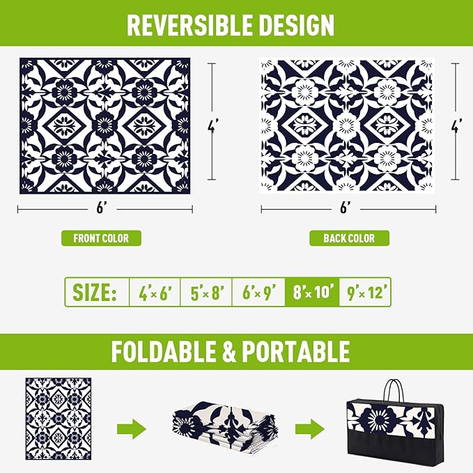 WILDROOTS 8x10 Feet Klein Plastic Outdoor Rug, Stain Resistant Waterproof Reversible Outdoor Patio Rug, Fade Resistant Camping Rug