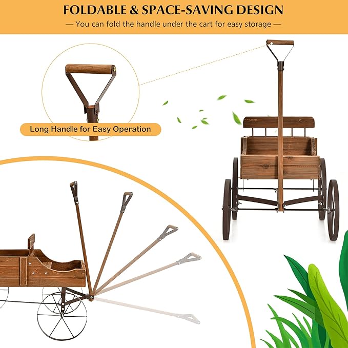 Wooden Wagon Planter with Wheels, Indoor/Outdoor Flower Cart w/Dual-Compartment & Adjustable Handle, Decorative Garden Planter for Home, Yard, Wedding (Brown)