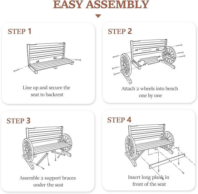 VINGLI Outdoor Rustic Wooden Bench with Wagon Wheel Arms, 3 People Outdoor Bench Garden Bench Front Porch Furniture Patio Lawn Yard Park, Indoor and Ourdoor Decor