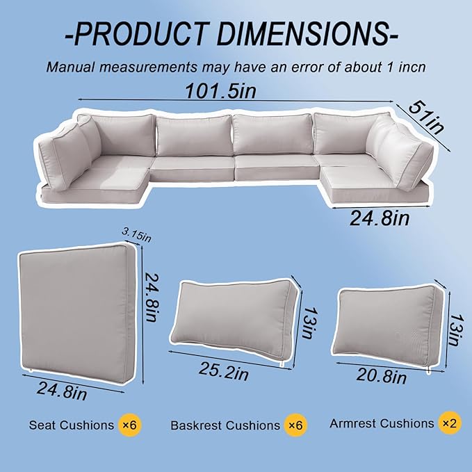 14Piece Outdoor Sofa Cushion Replacement, Patio Furniture Waterproof Cushion with Zippers, fit 6-Seat Outdoor Wicker Rattan Sectional Couch (Light Grey, 24.8"x24.8"x3.15")