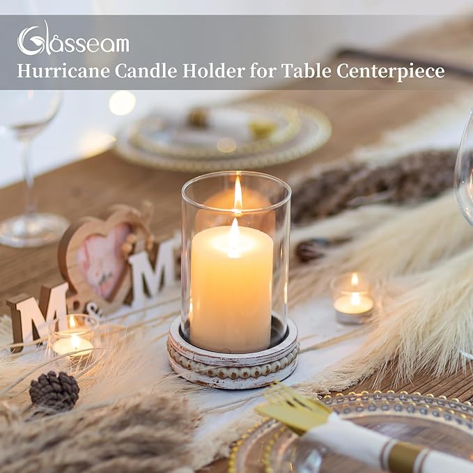 Glasseam Glass Hurricane Candle Holder, Decorative Candle Holders for Pillar Candles, Boho Candle Holders for Table Centerpiece, Glass Cylinder With Wood Beaded Candle Plate for Dining Room Decoration