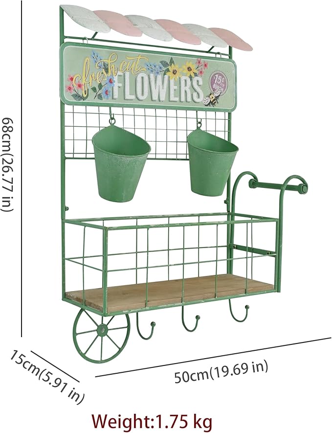Vintage Rustic Metal Wall Plant Stand for Indoor Outdoor Decor,Garden Wall-Mounted Cart-Shaped Hanging Planter Holder with Flower Buckets & Storage Shelf Hooks for Patio Yard Farmhouse