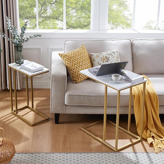 ROSEN GARDEN C Shaped Side Table End Table for Couch, Gold Side End Table with White Faux Marble Top, Modern Living Room Tray Table