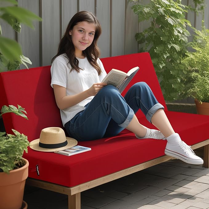 idee-home Outdoor Bench Cushion Waterproof, Bench Cushions for Outdoor Furniture, Patio Porch Swing Replacement Seat Pad with Ties for Garden Backyard, 42 x 18 Inch Red