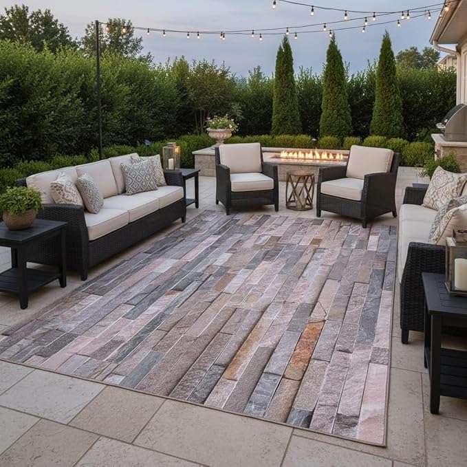 Retro Brown Grey Stone Wall Texture 8x10 Outdoor Area Rugs for Deck Porch Balcony Garden Patio Waterproof Washable Rock Stones Pattern Outside Carpet Yard Pool Foldable Durable Large Rugs Runner Mat