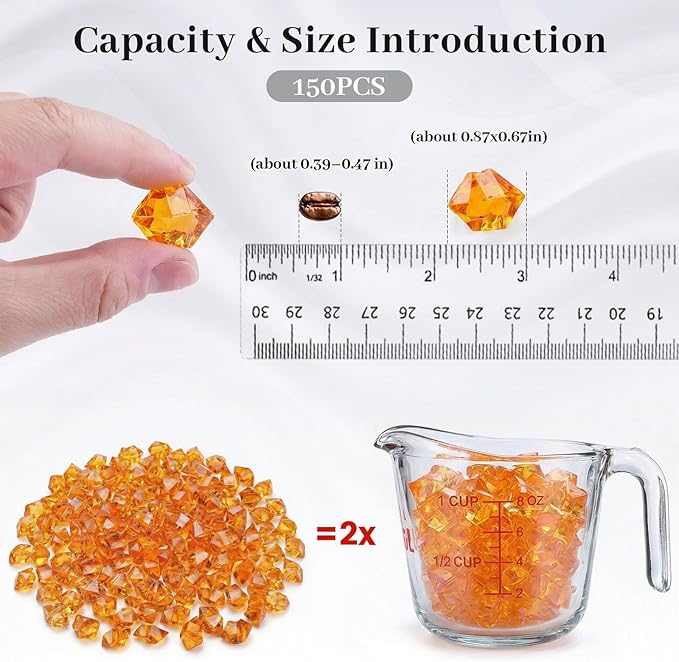 DomeStar Orange Fake Ice Rocks, 150PCS Acrylic Gems Crystals Plastic Diamonds Fake Ice Cubes Centerpiece for Vase Fillers DIY Craft Wedding Party Table Scatter Burnt Orange Decorations