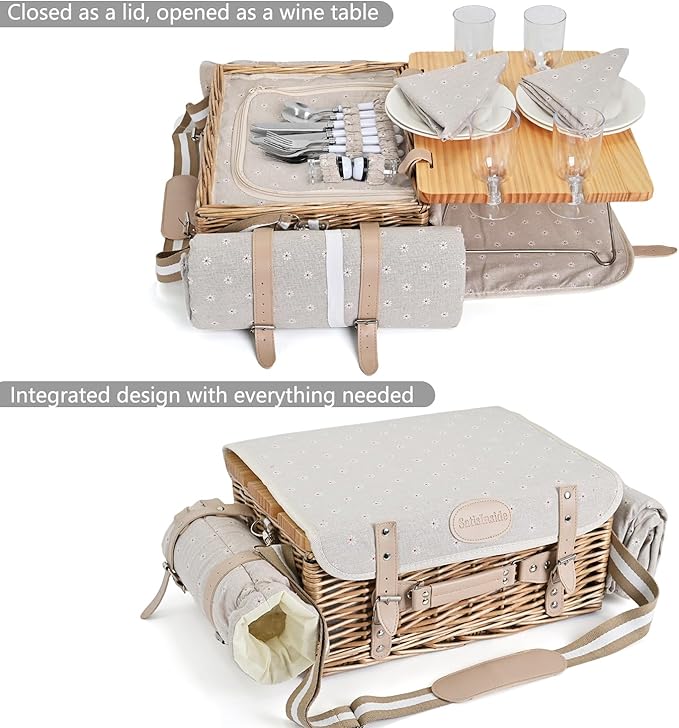 Multifunctional Wicker Picnic Basket Set for 4 with Blanket and Picnic Table, Insulated Picnic Set with Full Tablewares for Camping Outdoor Couples, Flowers