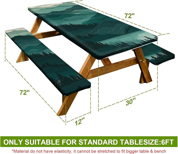 Picnic Table Cover with Bench Covers Set of 3 - Layered Landscape Mountain Forest Tablecloth, Elastic Fitted for 6 Ft Tables, Washable Polyester Cover for Camping, Indoor & Outdoor