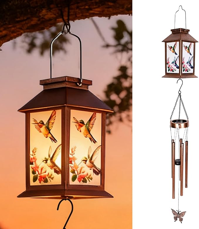 Hummingbird Solar Lighten Wind Chime with Lantern Design - Outdoor Decorative Wind Bells for Garden, Porch, Balcony - Relaxing Nature Sounds- Gifts for mom，Friend，Sister，Grandma