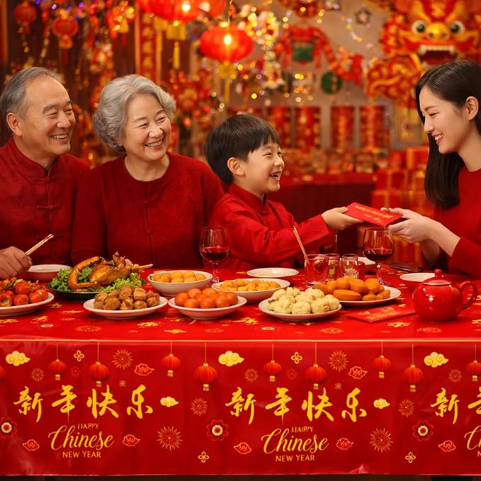 3 Pieces Chinese New Year Tablecloth - 54 x108 Inches Disposable Red Plastic Table Cover with Lanterns and Fireworks for Lunar New Year Party Supplies, Spring Festival Table Cloth Decorations