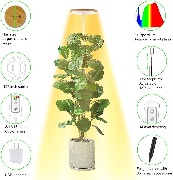 yadoker Plant Grow Light, LED Growing Light Full Spectrum for Indoor Plants,Height Adjustable, Automatic Timer, 5V Low Safe Voltage,Idea for Large Plant Light