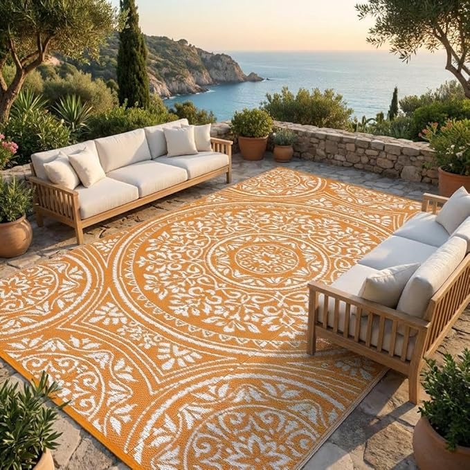 9x12 Outdoor Rug Waterproof Foldable Plastic Straw Carpet for Patio Porch Boho Floral Reversible Mat Lightweight Floor Mat for Picnic, Backyard, Rv, Beach, Deck, Camper, Balcony，Orange