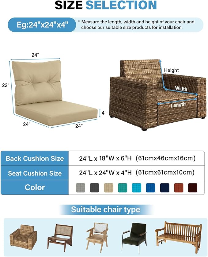 YEFU 24x24 Outdoor Cushions for Patio Furniture: Waterproof Fade Resistant Outdoor Seat Cushions Set of 2 - Olefin Deep Seat Paio Cushion Pads Replacement with Ties for Chair Sofa Couch(Beige)