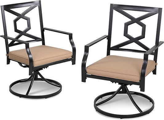 NUU GARDEN Outdoor Patio Swivel Chair Set of 2, Iron Swivel Rocker Dining Chairs with Padded Cushions, Comfortable Outdoor Chairs for Patio, Garden, Backyard & Balcony, Black and Beige