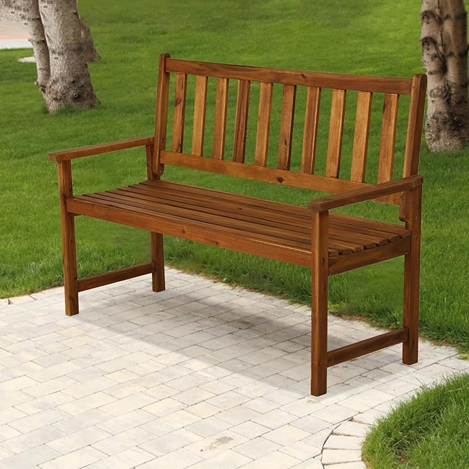 Outdoor Garden Wooden Bench,2-Person Garden Bench with Back and armrest, Acacia Wood Outdoor Bench Weatherproof for Patio,Front Porch,Park,Backyard,Wide Slatted Seat,Hold up to 705 LBS