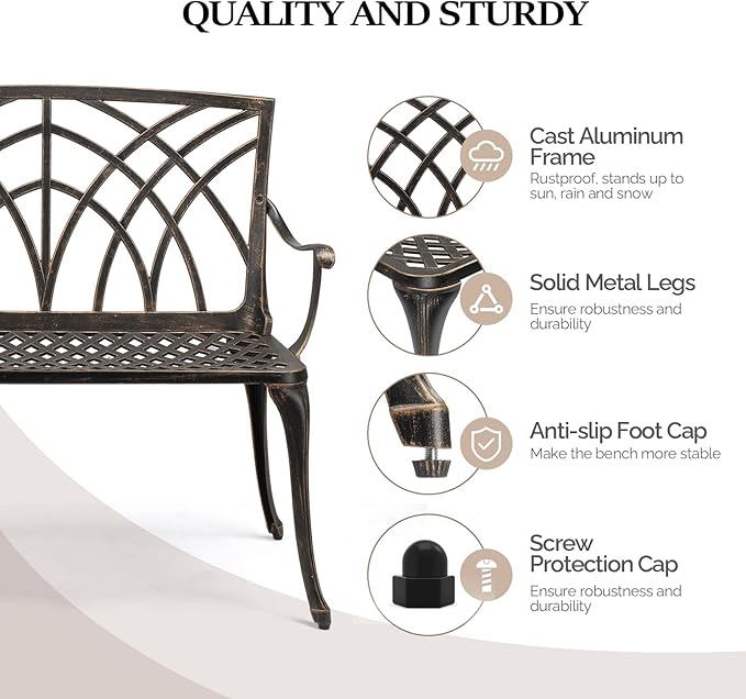 VINGLI 38" Outdoor Metal Bench, Cast Aluminium Garden Bench, Weatherproof Antique Finish Orchid Chair, 1-2 Person Seat Deck Furniture for Porch Entryway Patio (Brown)