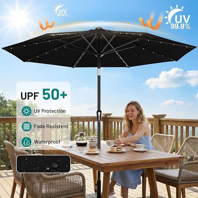 AreShark 9FT Patio Umbrella with Solar Lights, 32 LED Lighted Pool Umbrella w/Tilt and Crank, Outdoor Market Solar Umbrellas for Garden, Deck, Backyard, Pool and Beach, Black