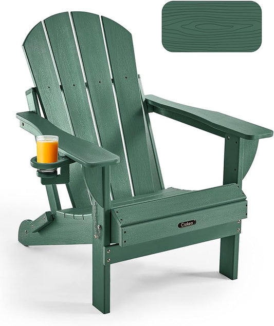 Ciokea Folding Adirondack Chair Wood Texture, Patio Adirondack Chair Weather Resistant, Plastic Fire Pit Chair with Cup Holder, Lawn Chair for Outdoor Porch Garden Backyard Deck (Green)