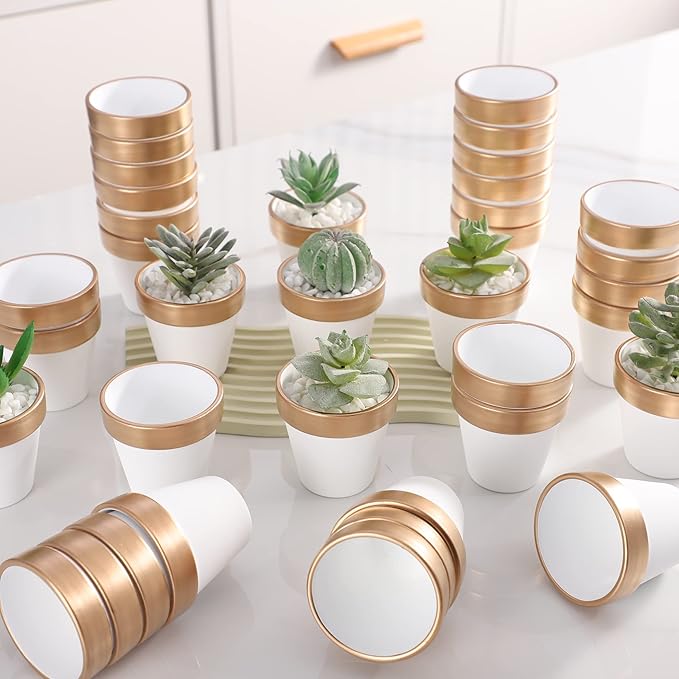 12 PCS Small Mini White Gold Clay Pots with Drainage Holes, 2.5inch Terra Cotta Pot Clay Ceramic Pottery Planter,Succulent Nursery Pot/Cactus Plant Pot,for Indoor/Outdoor Plants,Crafts,Wedding Favor
