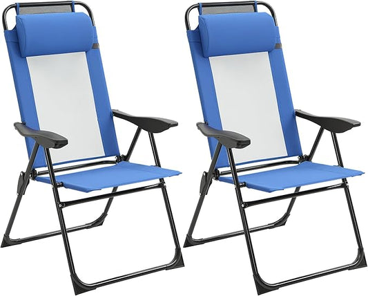 Outsunny Folding Patio Dining Chairs Set of 2, Outdoor Deck Chair with Removable Headrest, Camping Chair with Adjustable Sling Back for Garden, Backyard, Lawn, Blue